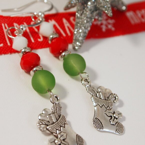 Stocking Earrings Christmas Dangle Pierced or Clip-on Earrings Silver Earrings - Picture 2 of 6